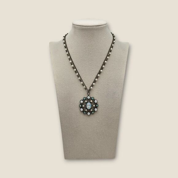 Blue Opal Glass & Faux Pearl Medallion Necklace – Cookie Lee - Picture 6 of 10